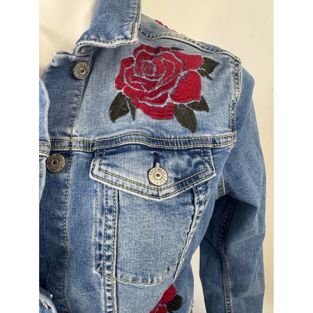 LuLaRoe Denim Jacket Womens M Blue Red Rose Floral Embroidered Stretch Jean Coat - Picture 3 of 10